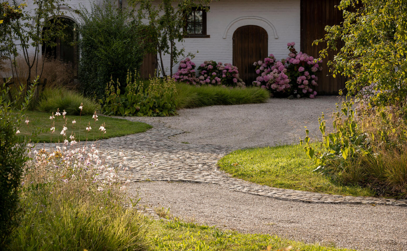 Greenarchitects stefaan willems landschapsarchitect afsnee kasseienpad met hortensia gaura phlomis en biodiverse beplanting