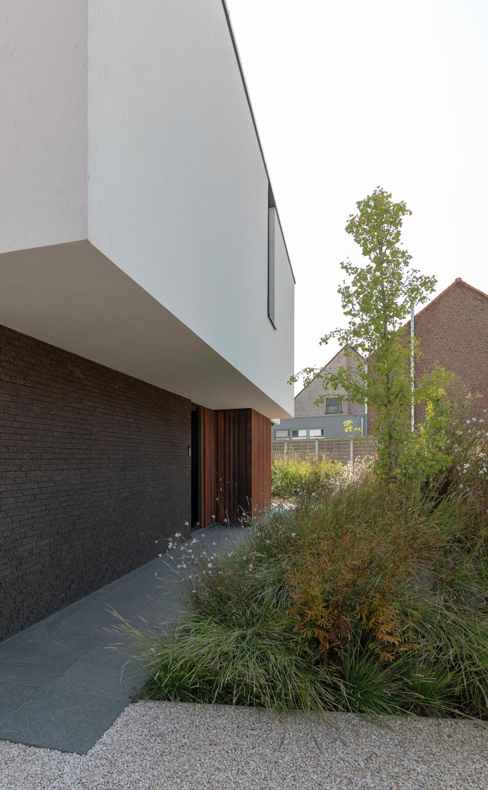 Greenarchitects stefaan willems landschapsarchitect ninove moderne woning voortuin oprit grind inkompad natuursteen taluds hoogstam boom sesleria gaura insectenlokkend 01