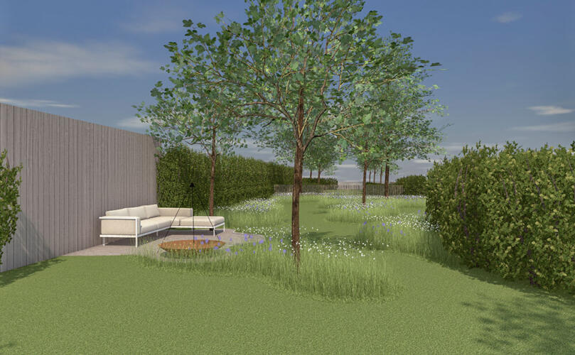 Greenarchitects stefaan willems tuinarchitectuur overschelde oost vlaanderen serskamp 3 D tuinprojecten lounge terras houten wand