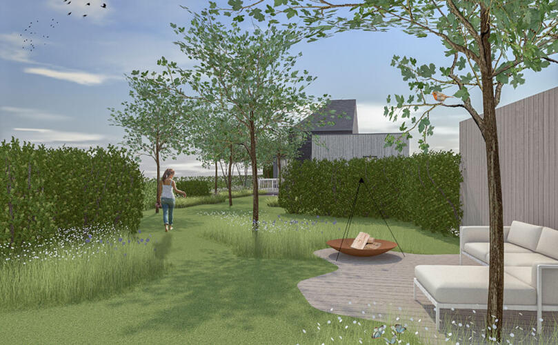 Greenarchitects stefaan willems tuinarchitectuur overschelde oost vlaanderen serskamp realistische 3d tuinbeelden vuurschaal gezellig houten terras